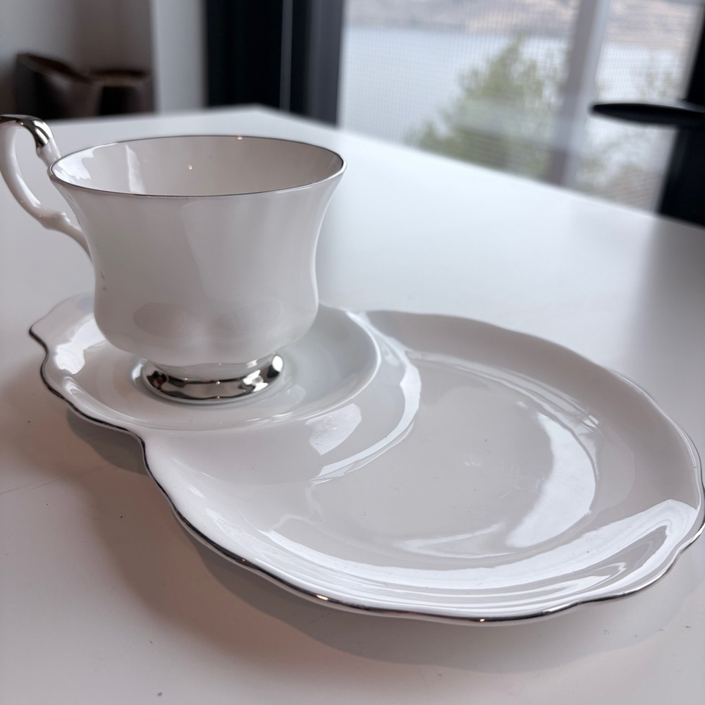 Royal Albert White and Silver Tea Cup and Snack Saucer Set